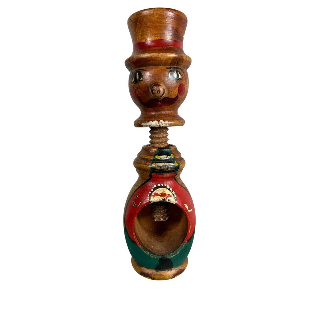 Vtg Wooden Nut Cracker- Man in Top Hat- Painted- Mechanical Screw Clown- 7x2.5"